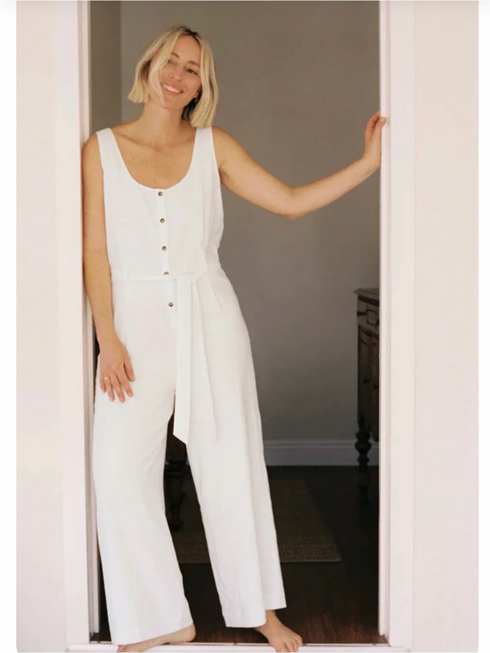Z Supply White Sleeveless Button-Front Jumpsuit with Tie Waist